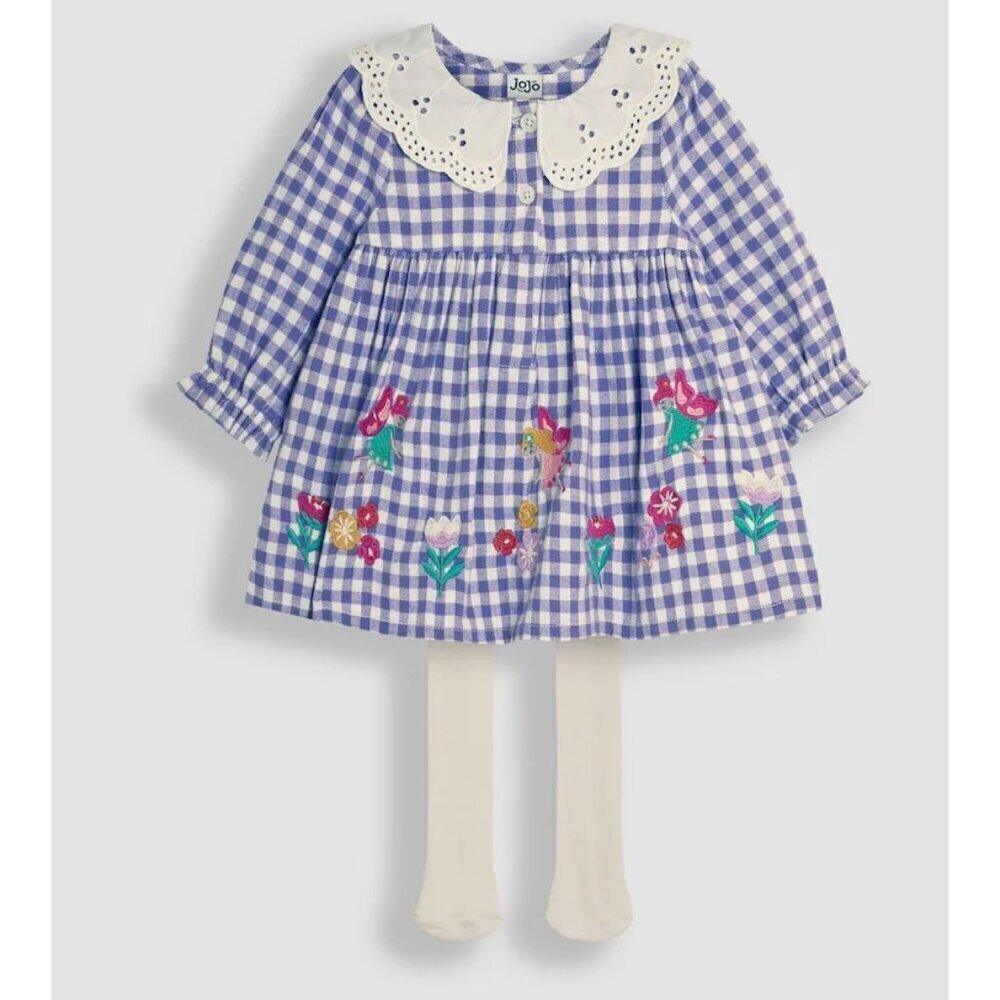 JoJo Maman Bebe Lilac Purple Fairy Applique Gingham Baby Dress & Tights Set